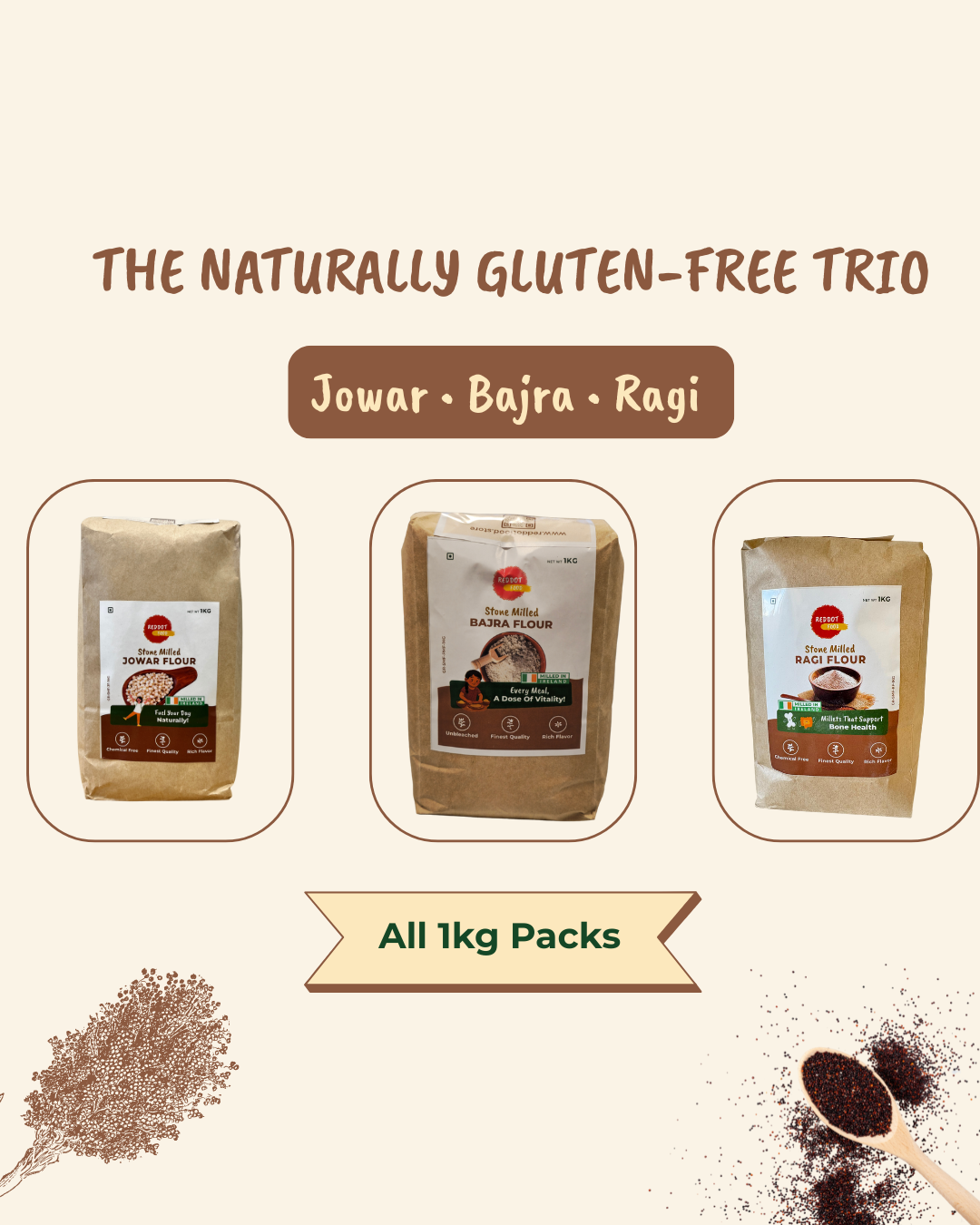 Naturally gluten-free flour trio from Reddot Food – Jowar, Ragi, and Bajra flours freshly stone-milled in Ireland for healthy Indian cooking